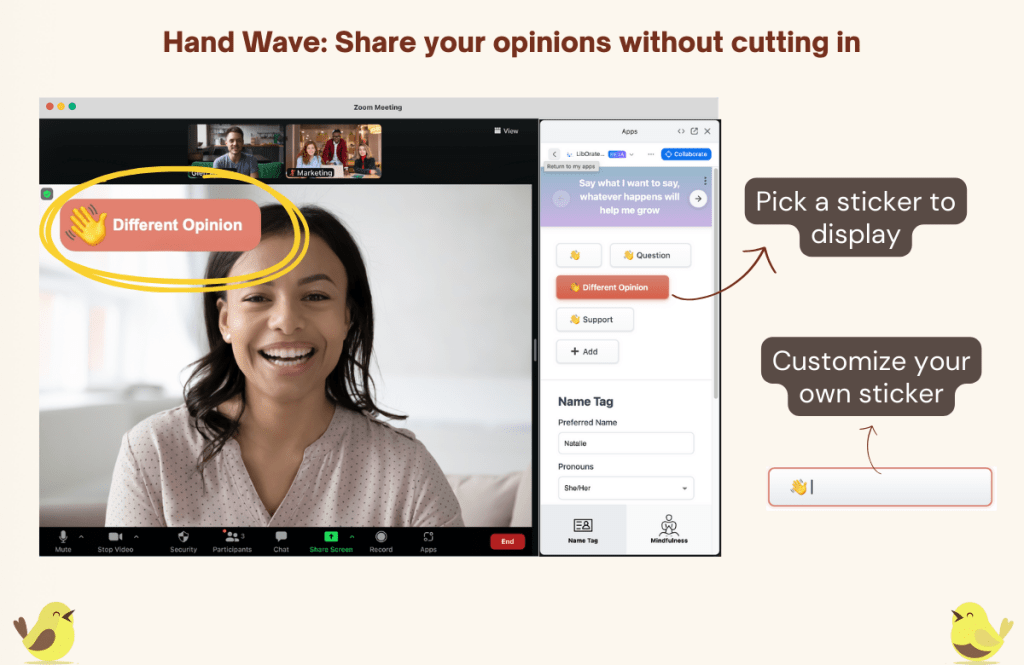 Screenshot of the hand wave feature. LibOrate app is opened on the right panel of Zoom desktop client, with text and arrow pointing to the middle of the panel where the customizable hand wave buttons are displayed. Also with examples showing how to customize the hand wave button with one's own text and emoji.
