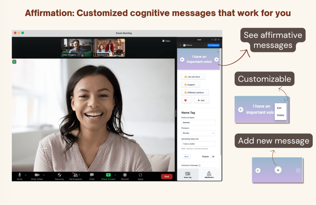 Screenshot of the self affirmation feature. LibOrate app is opened on the right panel of Zoom desktop client, with text and arrow pointing to the top of the panel where the affirmation messages are displayed, and the also highlight places where the message can be edited and deleted.
